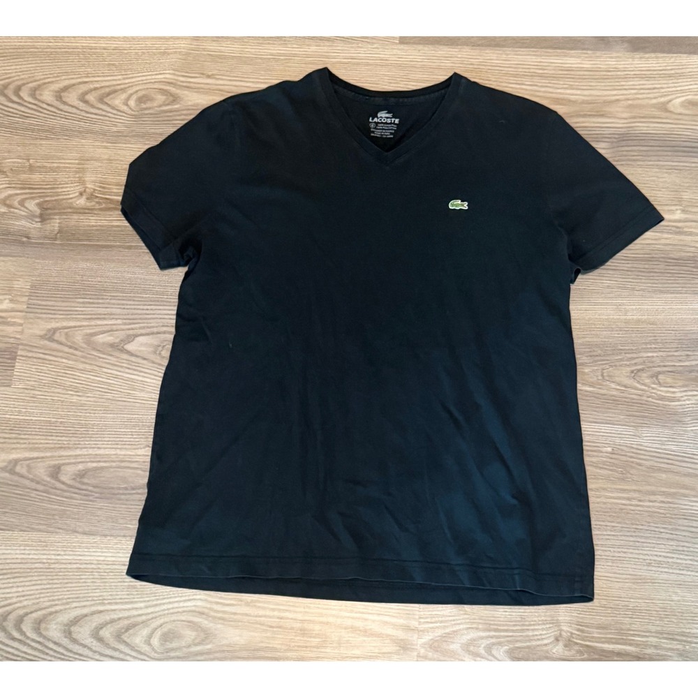 Lacoste Mens Pima Cotton V-Neck T-Shirt Black Size 6 XL Short Sleeve Logo Tee